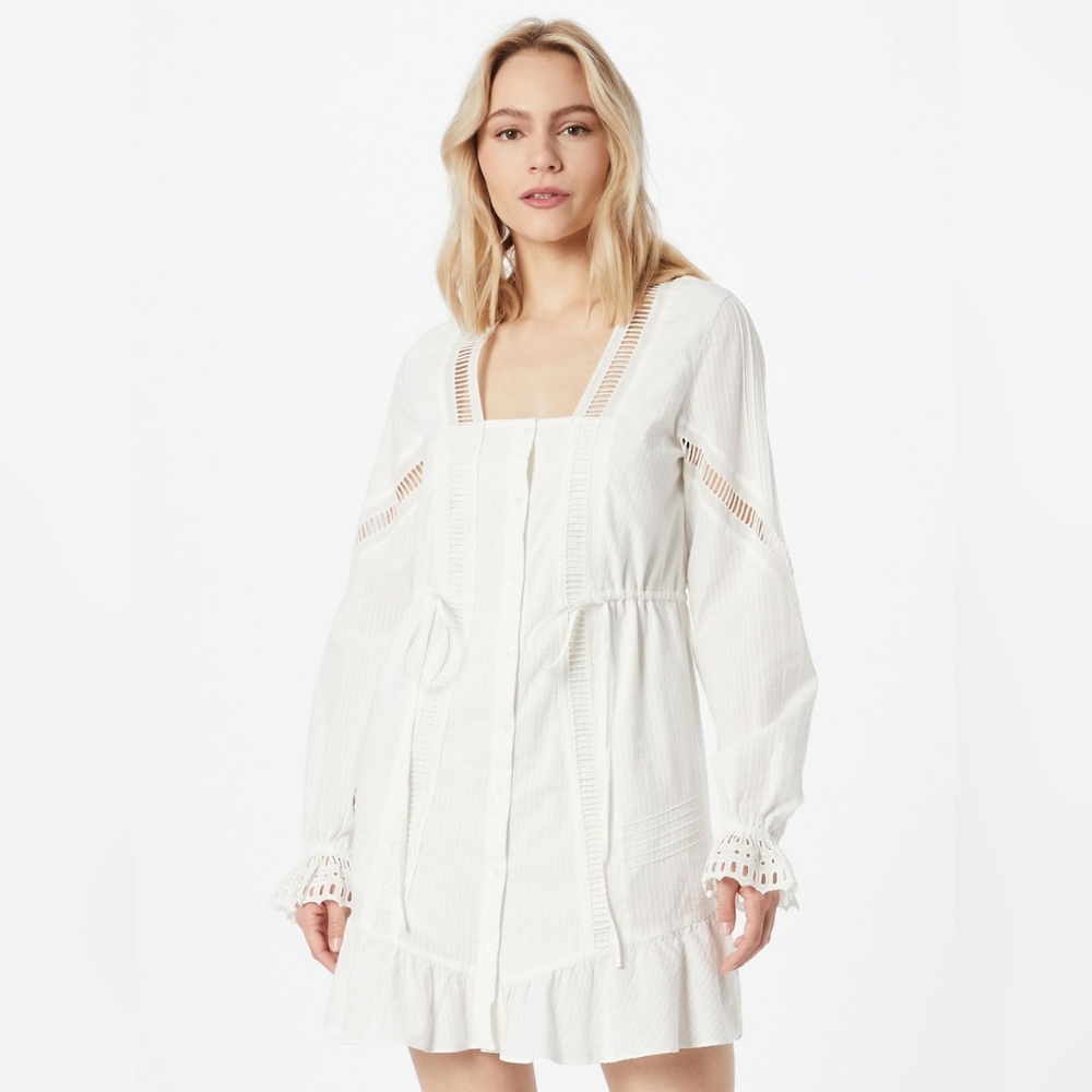 The Kooples Embroidered Lace Tie Waist Dobby Square-Neck Flounce Shirtdress Sz M - Picture 12 of 16